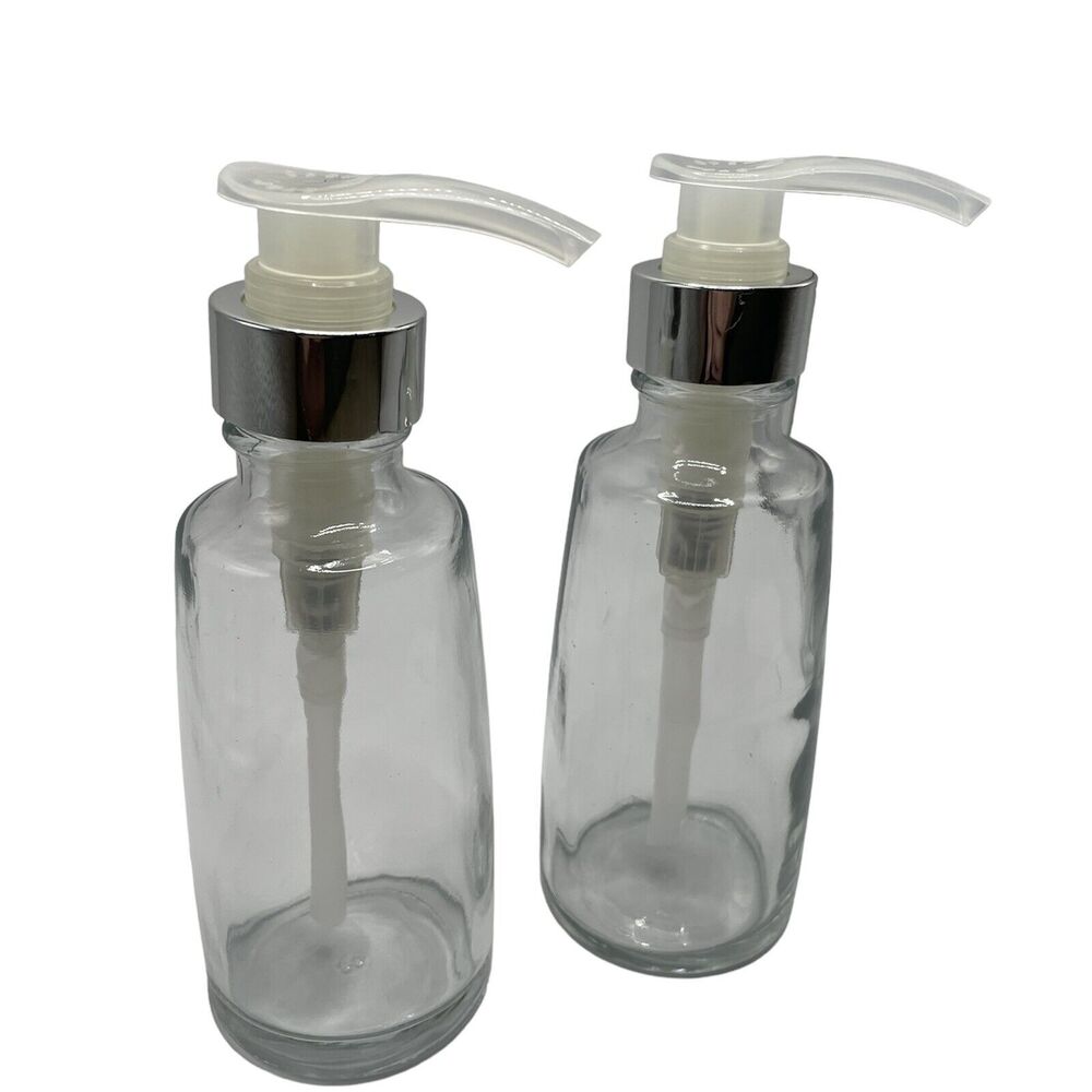 NEW Set 2 Clear Glass Soap Dispensers with Chrome Colored Rings and Clear Pumps